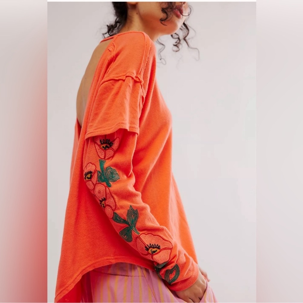 Free People Not Your Poppys Long-Sleeve Embroidered Orange Tee XS & Small - Picture 2 of 8